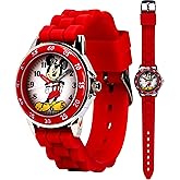 Mickey Mouse Kids Analog Time Teacher Watch, Easy-Read Dial, Fun Educational Watch, Silicone Strap, Red, White, and Grey Options