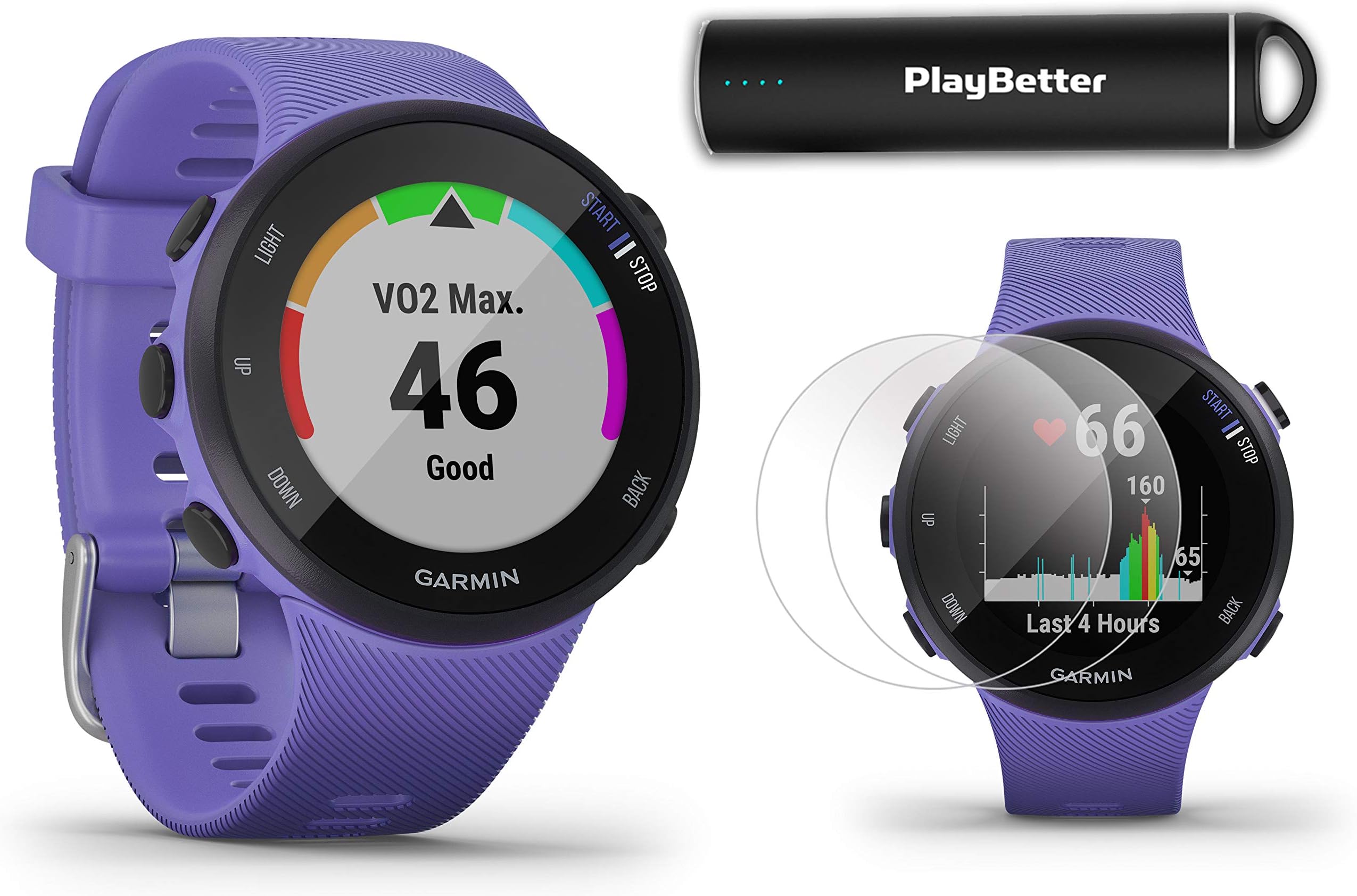 Garmin Forerunner 45S GPS Running Watch Power Bundle | Includes PlayBetter Portable Charger & HD Screen Protectors | Running Heart Rate Watch | Pace, Distance, Stress Tracking | Iris, 010-02156-01