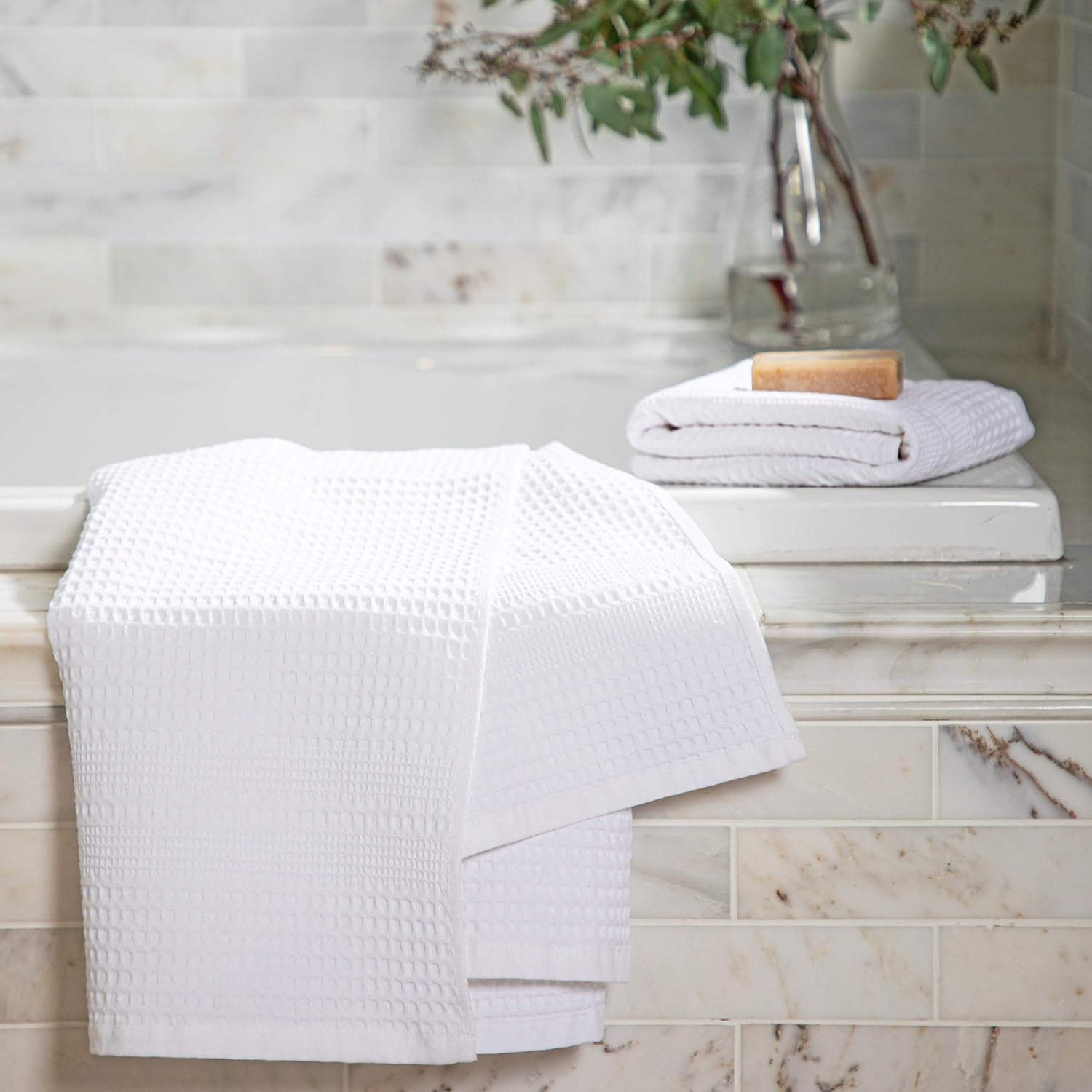 Premium Large 2 Pc Waffle Weave Bath Sheet 100% Natural Cotton – Generous Size Lightweight Ultra Absorbent Quick Drying Fade Resistant (White): Kitchen & Dining