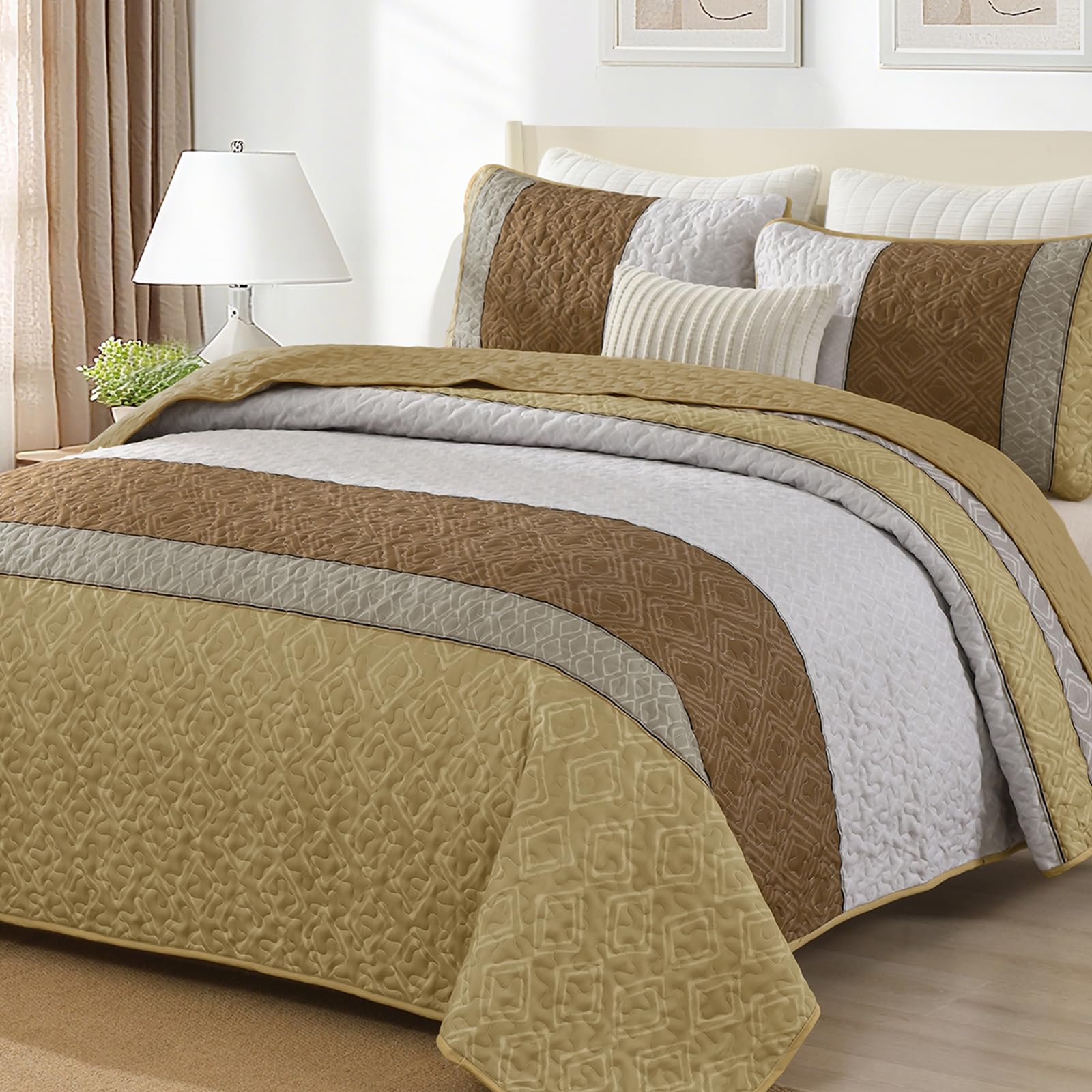 Cottolester Khaki King Quilt Set,Striped Plaid Bedspread Coverlet Set,Khaki Brown Boho Bedding Set Soft Microfiber Bedding Set with 2 Pillow Shams 110"x90" Image