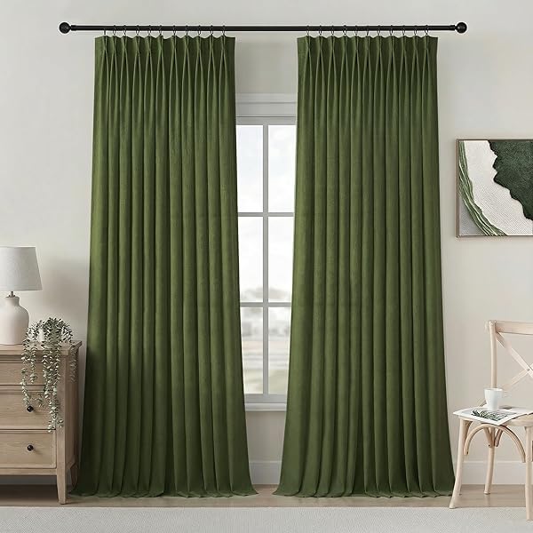 PANGSINNE 9FT LINEN PINCH PLEATED CURTAINS – FARMHOUSE BEDROOM SEMI SHEER BACK TAB CURTAIN FOR LIVING ROOM OLIVE GREEN 108 INCH LENGTH 2 PANELS SET