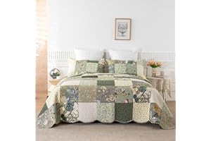YAYIDAY Quilts Queen Size Patchwork Bedspread Set - 100% Cotton Reversible Breathable Floral Quilted Quilt with Pillow Shams Fit All Season