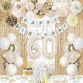 60th Birthday Decorations, Happy 60th Birthday Decorations White and Gold Balloons Happy Birthday Banner Tablecloth Fringe Curtain Cake Topper Paper Pom Poms Men Women 60 Year Old Birthday Party Decor