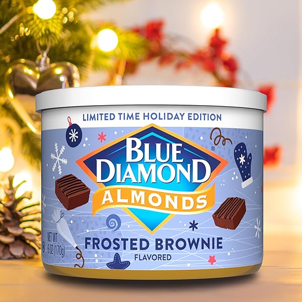 BLUE DIAMOND ALMONDS, HOLIDAY FROSTED BROWNIE FLAVORED SWEET SNACK NUT ALMONDS PERFECT SIZE FOR ON-THE-GO, HOLIDAYS AND GATHERINGS, LUNCH, ADULTS AND KIDS, 6OZ CAN