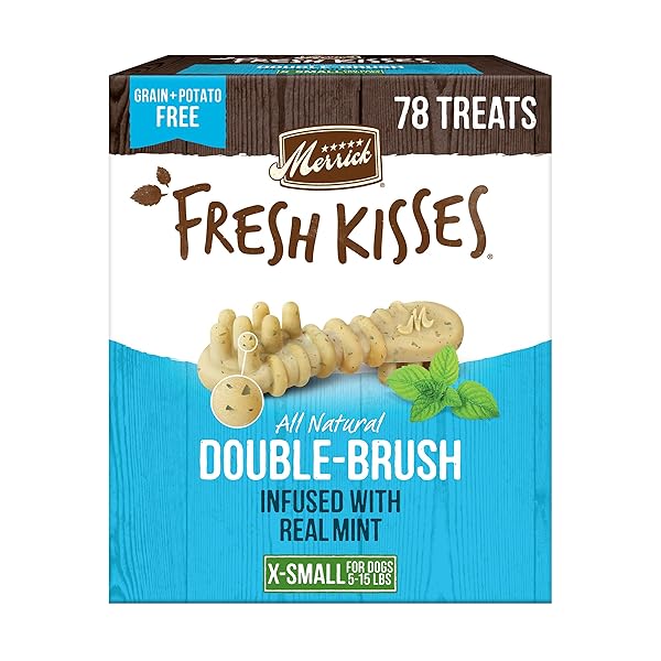 MERRICK FRESH KISSES NATURAL DENTAL CHEWS TOOTHBRUSH TREAT SHAPE INFUSED WITH REAL MINT FOR TINY DOGS 5-15 LBS – 78 CT. BOX