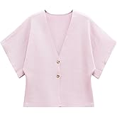 hathne Women's V Neck Short Sleeve Cardigan Sweater Button Down Ribbed Knit Tops(Pink,M)