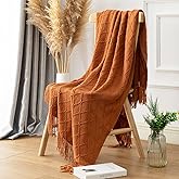 Quinnsus Burnt Orange Fall Throw Blanket for Couch, Soft Lightweight Decorative Acrylic Boho Bed Throw Blankets, Farmhouse Warm Woven Blanket with Tassel for Travel, Sofa, Bedroom(50" x 60")