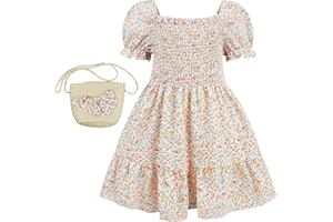 AGQT Toddler Girls Floral Dress Square Neck Puff Sleeve A-Line Smocked Dress with Bag Toddler Girls Summer Dress 12M-7T