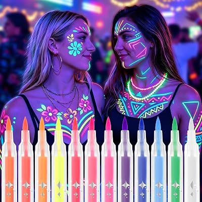 Pintacaras Infantil, 12 Colores UV Fluorescente Pintura Cara Niños Hipoalergenica, Pintura de Cara de Neón Brillante UV, Rotuladores Corporales para Piel Punta Individual para Halloween Carnaval