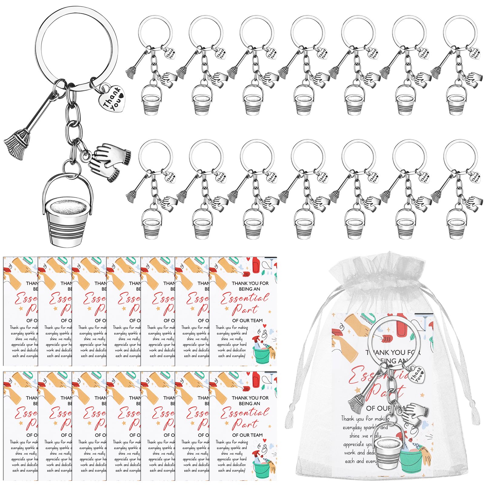 Augenstern 15 Set Housekeeping Appreciation Gifts Motivational Keychains Thank You Gift Cards Organza Bags Inspirational Appreciation Gifts for Employee Team Coworkers Cleaners Janitors Staff