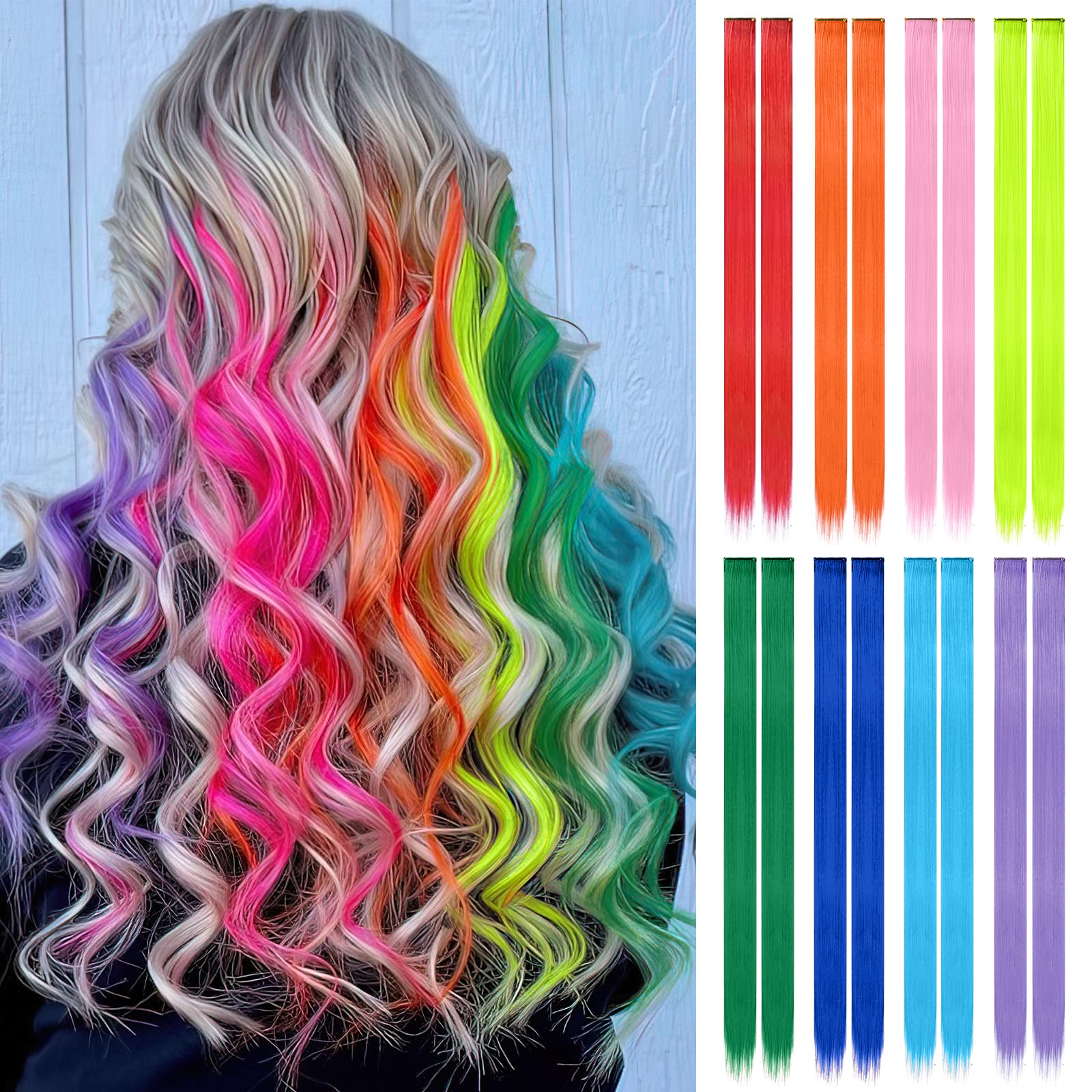 FESHFEN Coloured Clip in Hair Extensions, 16 PCS 8 Colours Rainbow Hairpiecess for Women Highlight Colourful Straight Clip in Hair Extensions Daily Party Hair Pieces, 22 inch โ image 1