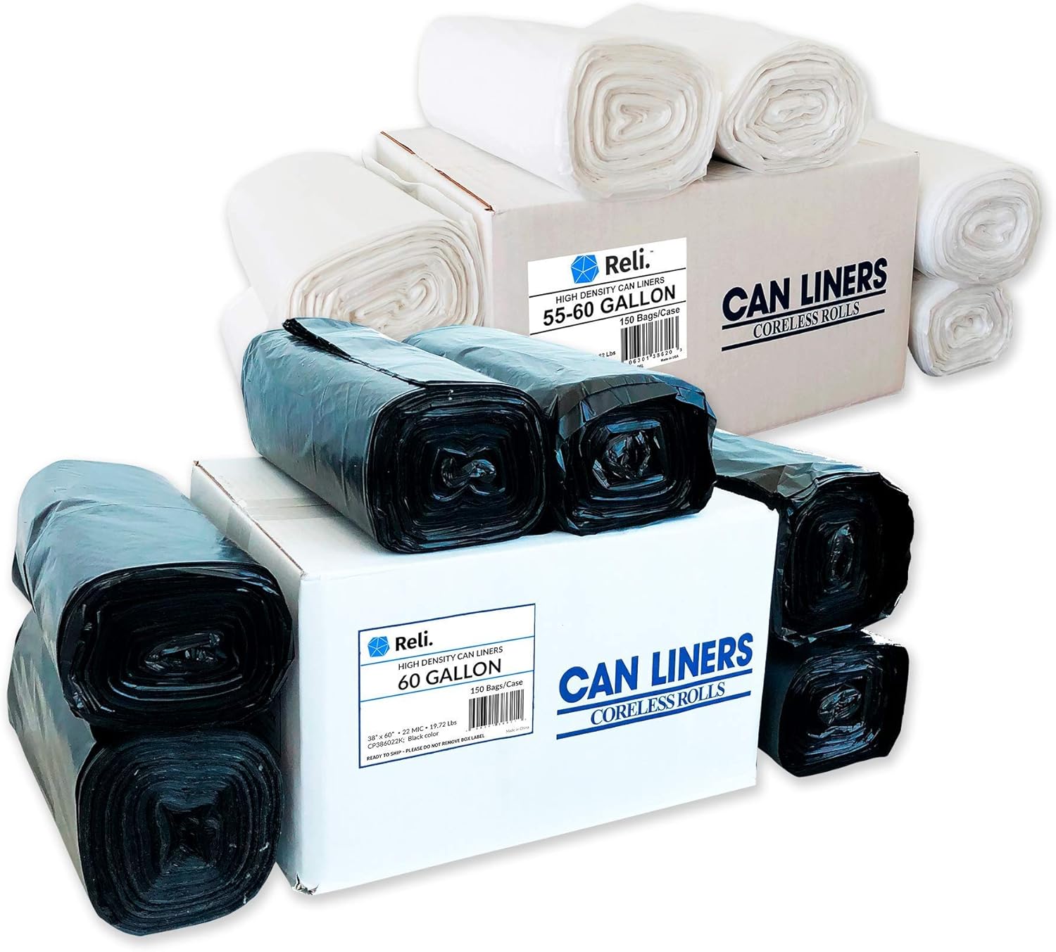 Trash Bags 55-60 Gal (150 Bags) & 55 Gallon Trash Bags (150 Bags)