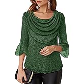 Lotusmile Blouses for Women Dressy Casual 3/4 Sleeve Cowl Neck Sparkly Tops Cocktail Shirts for Evening Party