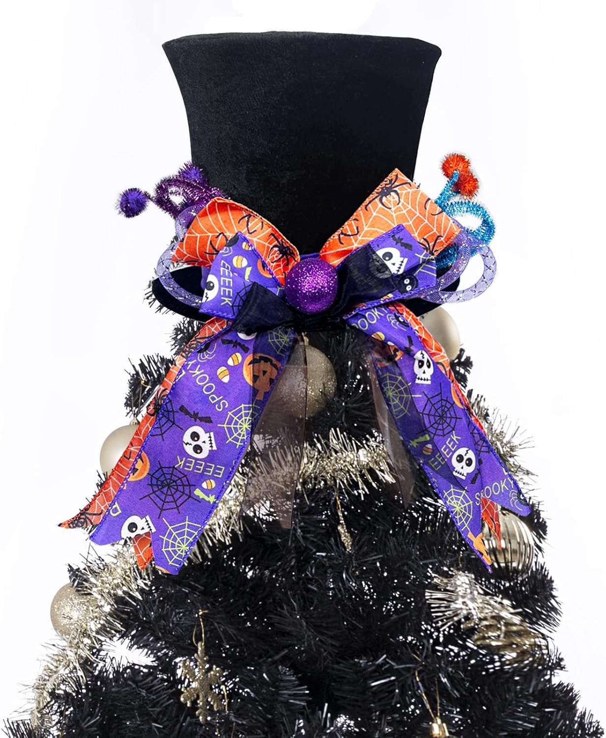 Tree Toppers - Lordaeron Christmas Halloween Tree Topper Hat,Large Black Velvet Hat with Purple and Orange Bow Seasonal Holiday Decorations Tabletop Ornaments for Home