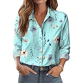 Zeagoo Button Down Shirts for Women Dressy Floral Printed Long Sleeve Blouse Business Casual Work Tops