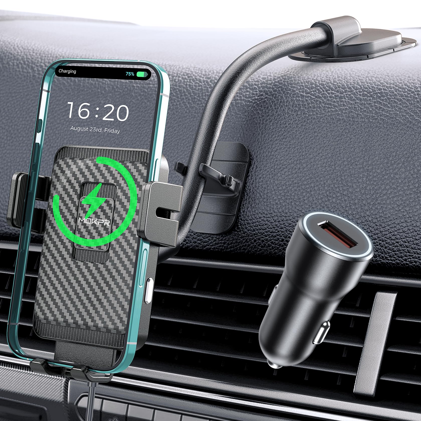 MOKPR Wireless Car Charger, Adjustable Gooseneck Car Mount Auto-Clamping Car Charger, Dashboard [with Anti Shake stabilizer] Phone Holder fit for iPhone 17 16 15 14 13 12, Samsung,with QC 3.0