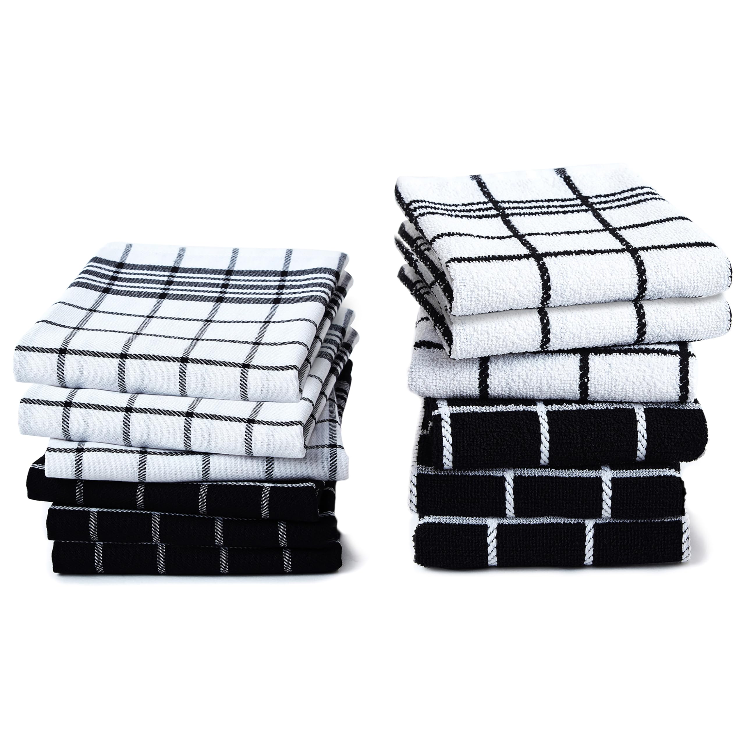Encasa XO Kitchen Towels and Dish Cloths Sets | Black Combo Highly Absorbent Cotton Terry Towels | 70x45 cm | Multipurpose for Washing Dishes and Cleaning Pack of 12