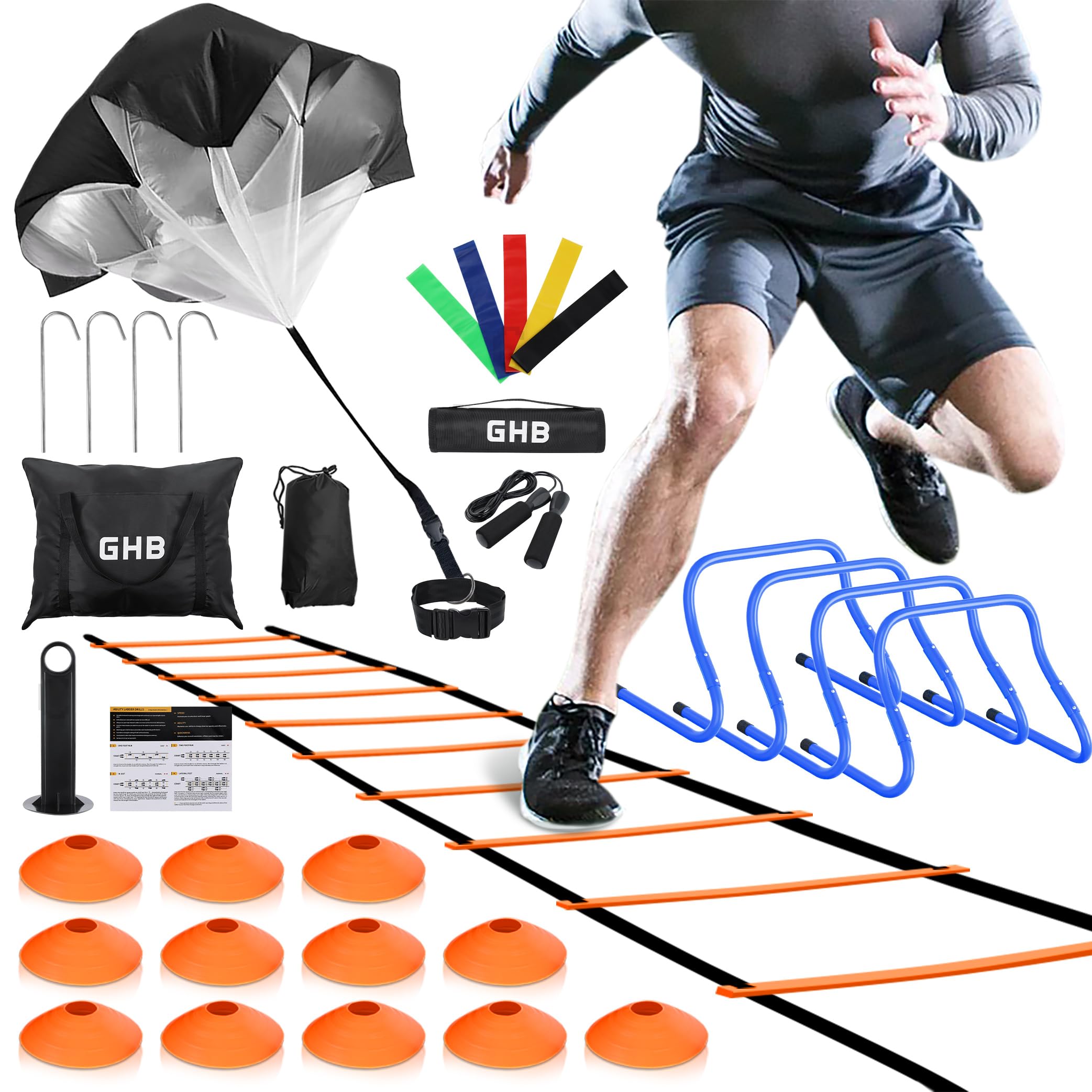 Photo 1 of GHB Agility Ladder,Football Training Equipment Set,4 Agility Hurdles, 20 feet12 Rungs Speed Ladder,12 Disc Cones,Resistance Parachute, Jump Rope, 4 Resistance Bands (Orange)