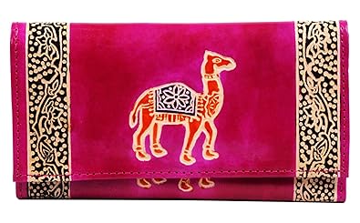 ZINT Tooled Painted Real Leather Shantiniketan Boho Camel Design Pink Womens Wallet Clutch Purse/Gift for Boho Lovers/Festival Fashion