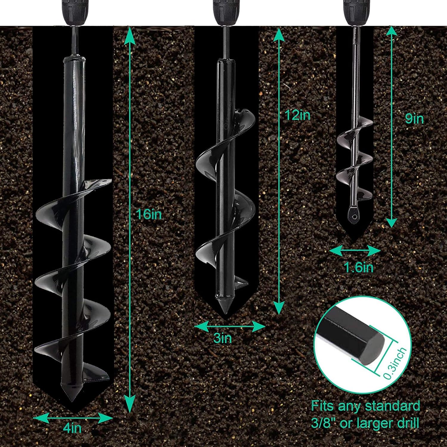 Auger Drill Bit Set for Planting - Garden Spiral Hole Drill Planter, Bulb & Bedding Plant Augers, Post or Umbrella Hole Digger for 3/8” Hex Drive Drill: Home Improvement