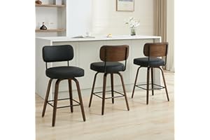 Arvasslia Swivel Bar Stools Set of 3, 26" Upholstered Counter Height Bar Stools with Back and Walnut Wood Legs, Faux Leather Barstools for Kitchen Counter, Black