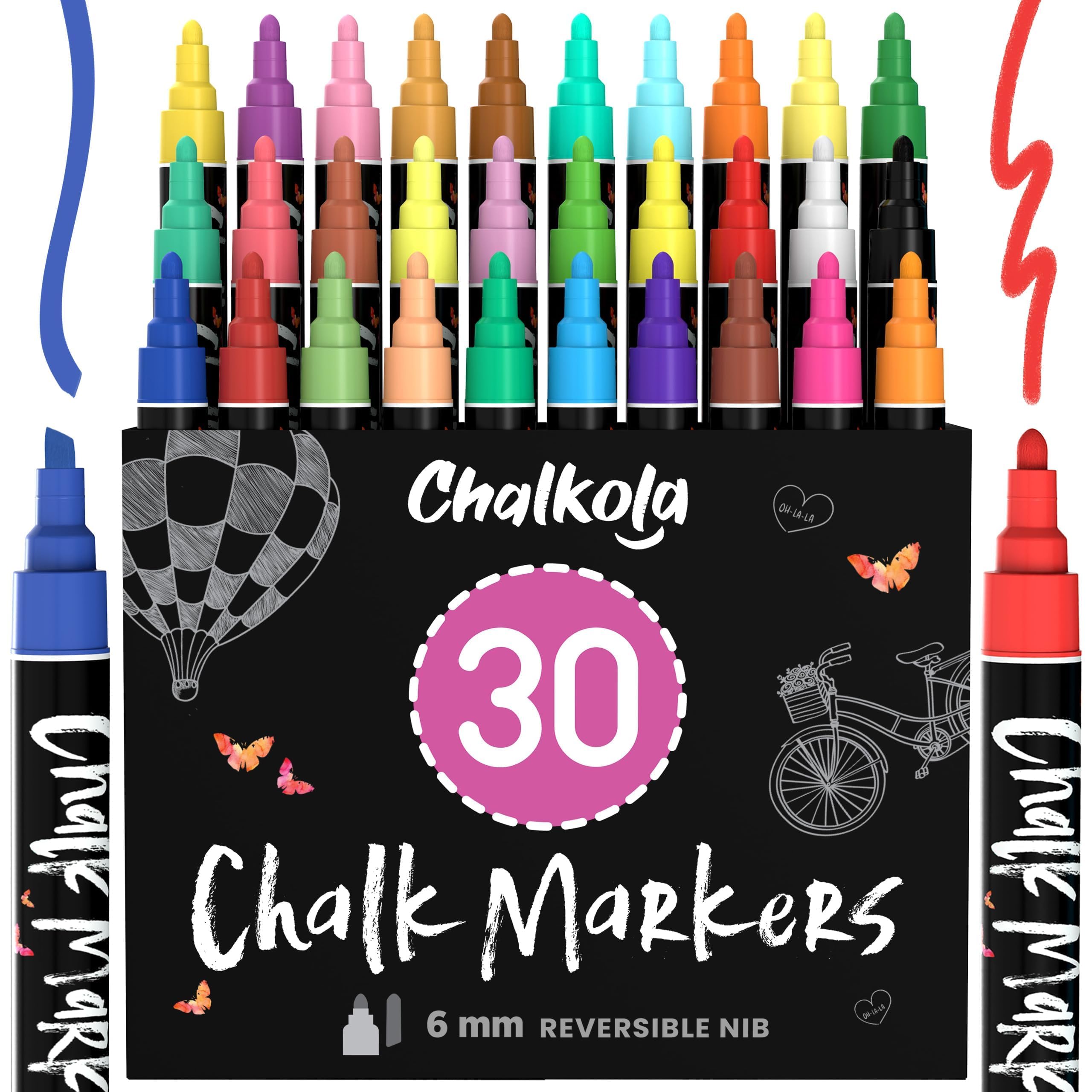 Liquid Chalk Pens (30 Pack 6mm) Pastel + Neon Chalk Markers - Erasable Dry Erase Pen for Blackboards, Chalkboard, Window, Glass - 6mm Reversible Bullet & Chisel Tip