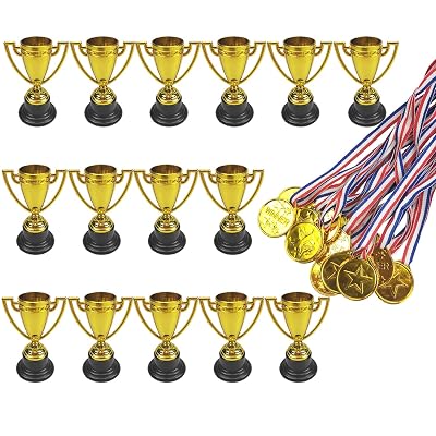 15 Pcs Plastic Toy Gold Award Trophy Cups and 15 Pcs Gold Winner Medals Great Party Favors for Kids by MOMOONNON