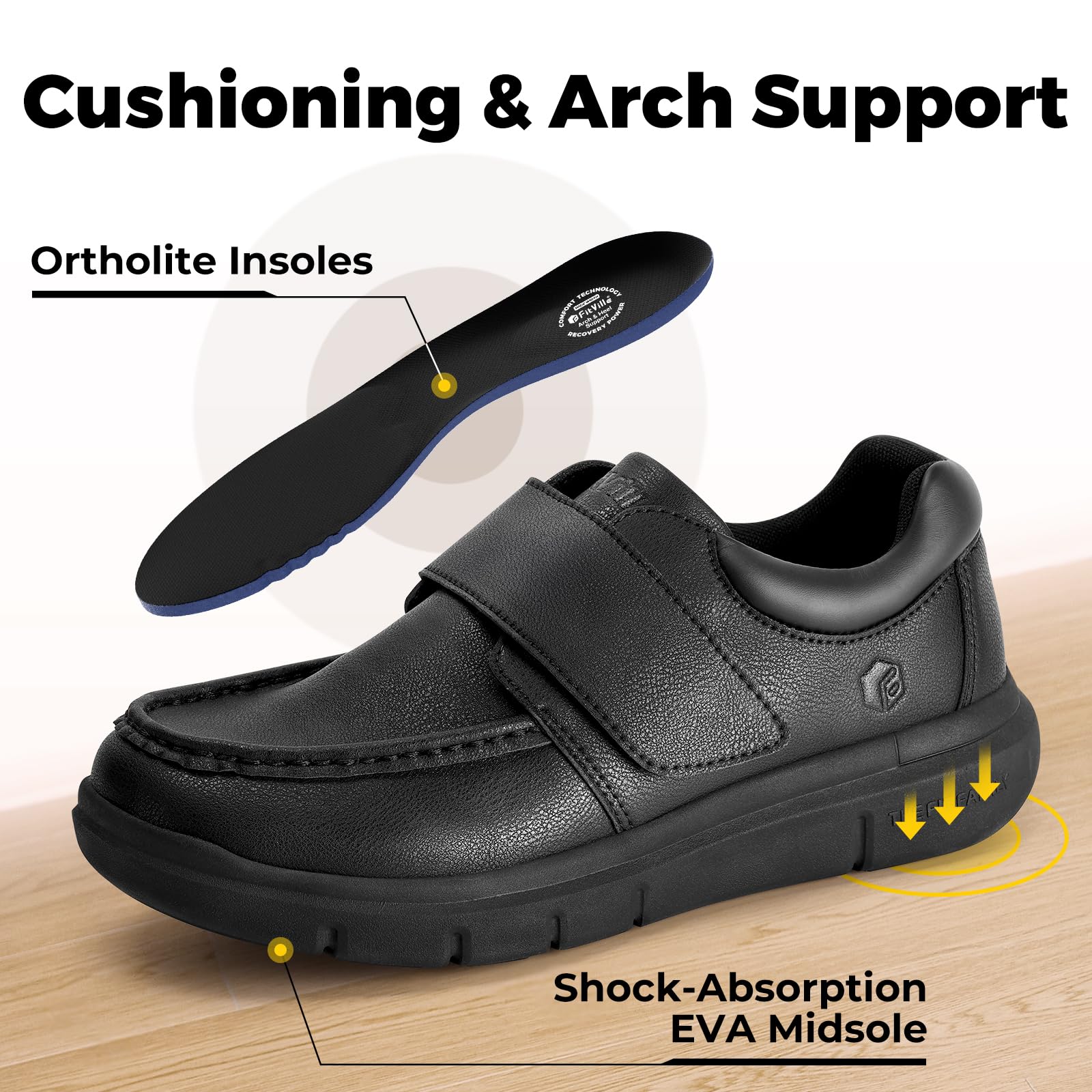 FitVille Diabetiker Schuhe Herren Extra Weit Leder Schuhe Orthopädische Schuhe mit Klettverschluss Verstellbare Hausschuhe Bequemer Lässige Business für Geschwollene Füße Schwarz 46 EU X-Weit 4