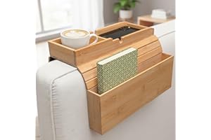 AyuHome Bamboo Couch Cup Holder, Sofa Tray & Couch Armrest Table, Adjustable Anti-Slip Organizer with Side Storage Pocket for Wide Armrests (5-10in), Natural Wood Drink & Snack Caddy (Natural Color)