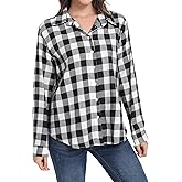 SUNNOW Women's Black White Checkered Long Sleeve Shirt Button Down Collar Casual Blouse Tops