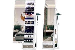 Vlsrka Full Length Mirror with Jewelry Armoire Storage - 360 Rotating Standing Jewelry Organizer Cabinet with Interior LED Lights, Sliding Mirror & Large Capacity for Bedroom (White)