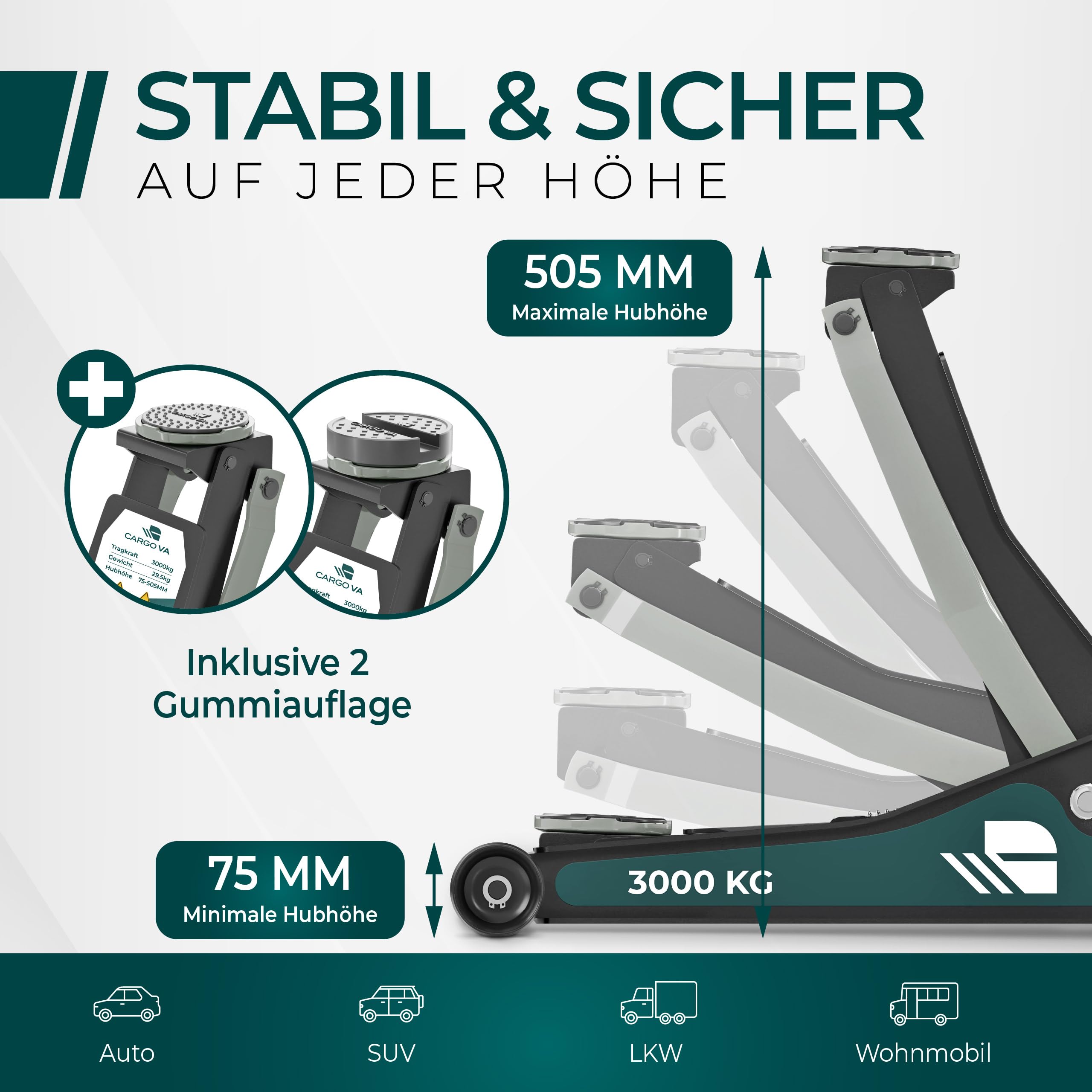 CargoVA Wagenheber 3T hydraulisch | Flacher Wagenheber mit 75-505mm Hubhöhe | Profi-Toolkit inkl. Kniematte & 2X Gummiauflagen | Ideal für SUV & tiefergelegte Autos | Rangierwagenheber Reifenwechsel 5