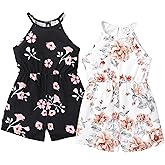 PATPAT Girls 2 Pack Rompers 5-12 Years Sleeveless Floral Print Summer Tropical Jumpsuits