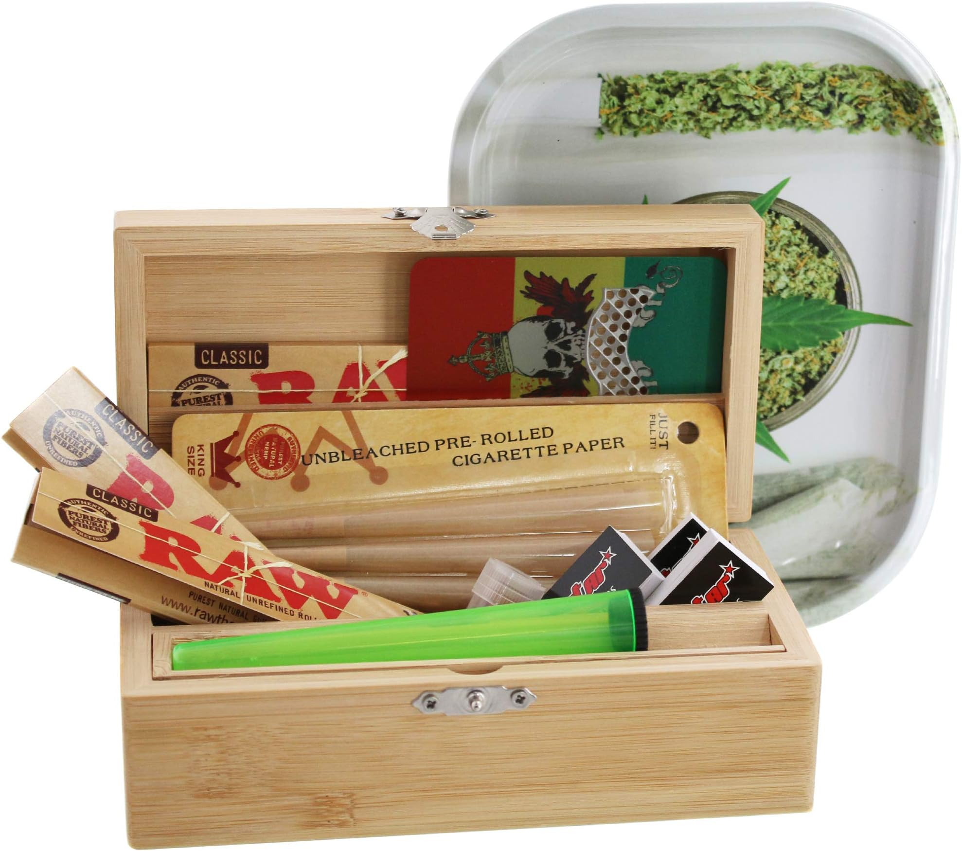 Heisenberg Rolling Box Made of Bamboo, Gift Set with Wooden Box, Rolling Tray, Papers, filtertips + Grinder (M)