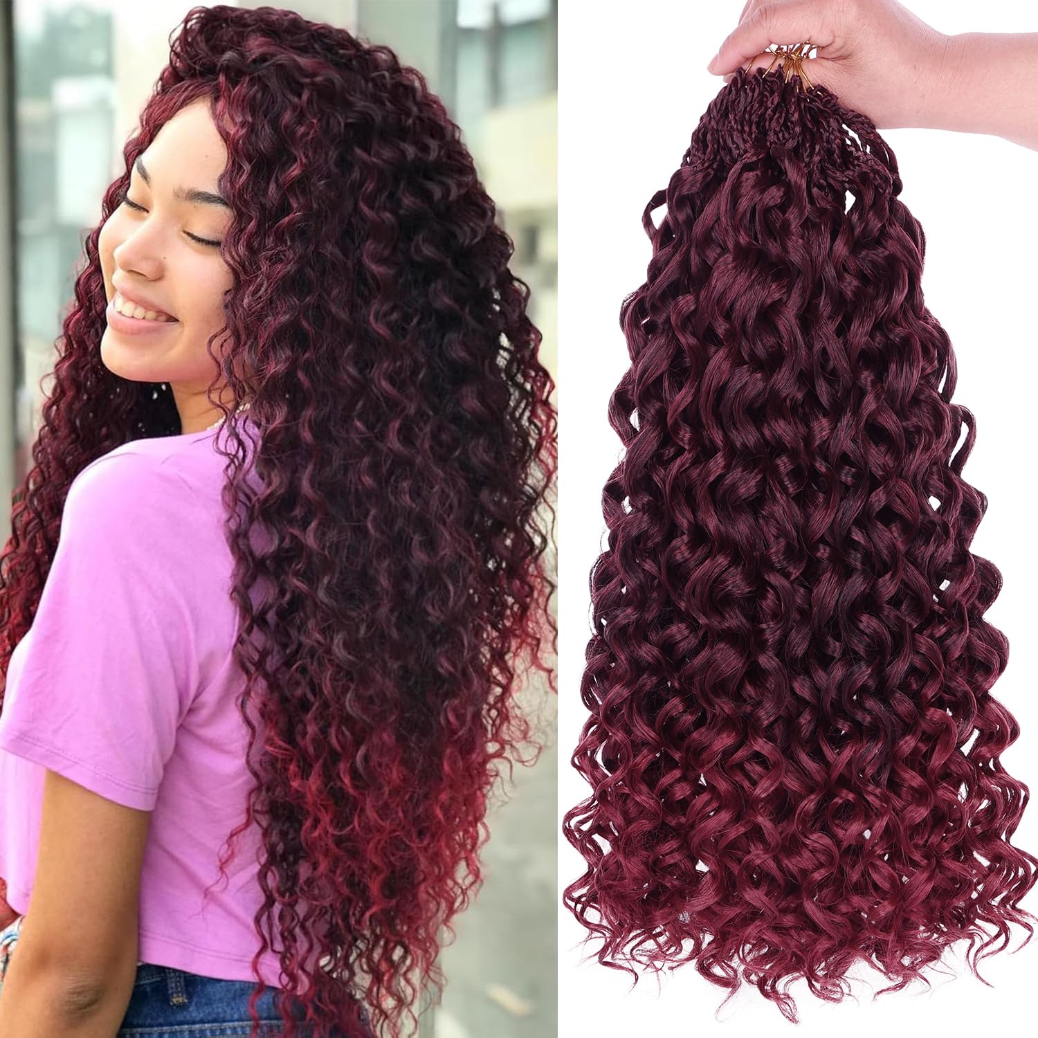 Mscat Curly Crochet Hair - 18 Inch, 8 Packs, Burgundy Gogo Curl, Ocean Wave, Ombre Red, Deep Twist, Bohemian Box Braids, Synthetic Water Wave Braiding Hair for Women