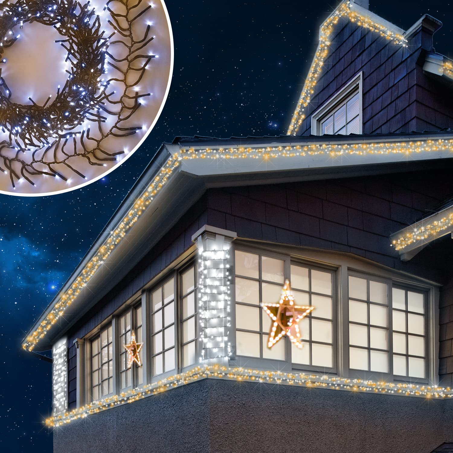 ANSIO® Christmas Lights 720 LED 9m/29ft Cluster Christmas Tree Lights for Indoor & Outdoor Warm White & Cool White Decorations Fairy Lights with Timer for Xmas Garden & Party | Mains Powered