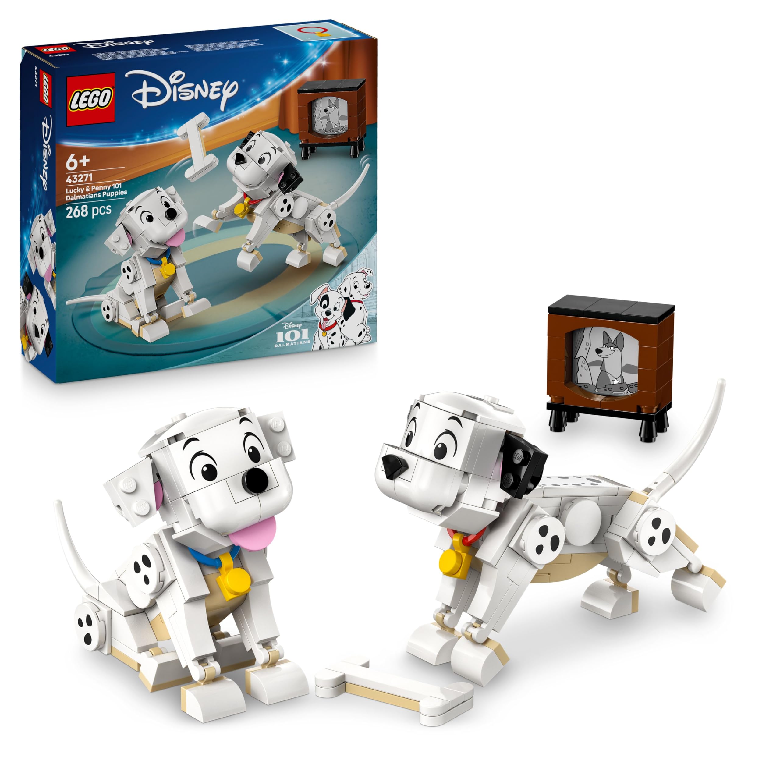 LEGO ǀ Disney Lucky & Penny 101 Dalmatiner - Welpen Spielset - Tierfiguren zum Spielen mit beweglichen Köpfen, Beinen & Schwänzen - Knochen & Fernseher - Geschenk für Mädchen ab 6 Jahren - 43271