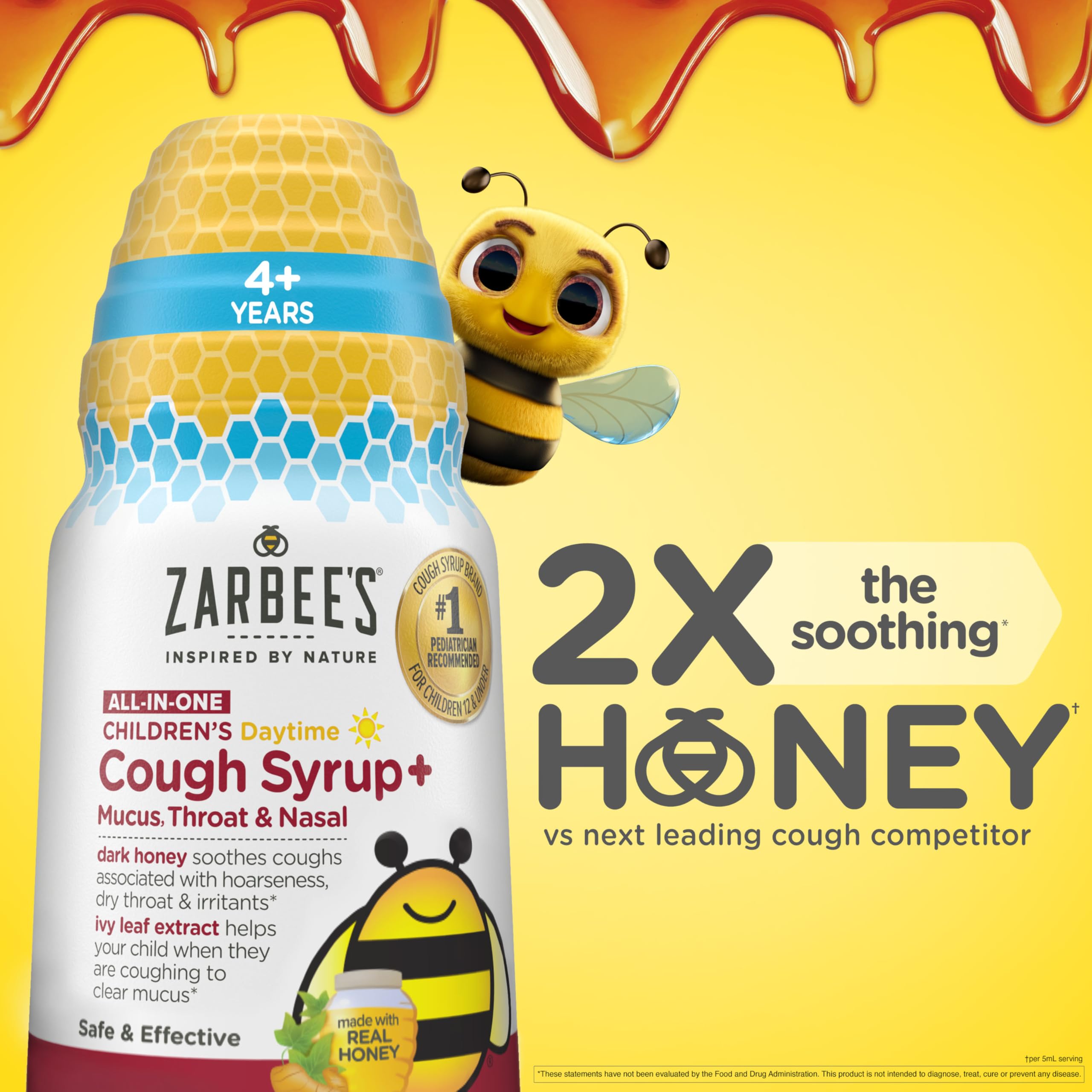 Zarbee's Children's Daytime All-in-One Honey Cough Syrup + Mucus, Throat & Nasal for Kids 6-12 + Dark Honey, Ivy Leaf Extract, Zinc Turmeric Root, & B-Vitamins, Drug-Free, Grape, 4 fl oz