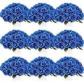 Jexine 100 Pieces Artificial Roses Flowers Bulk, Long Stem Realistic Fake Silk Roses Bouquet for Table Centerpiece Vases Wedding Party Kitchen Decor(Royal Blue)