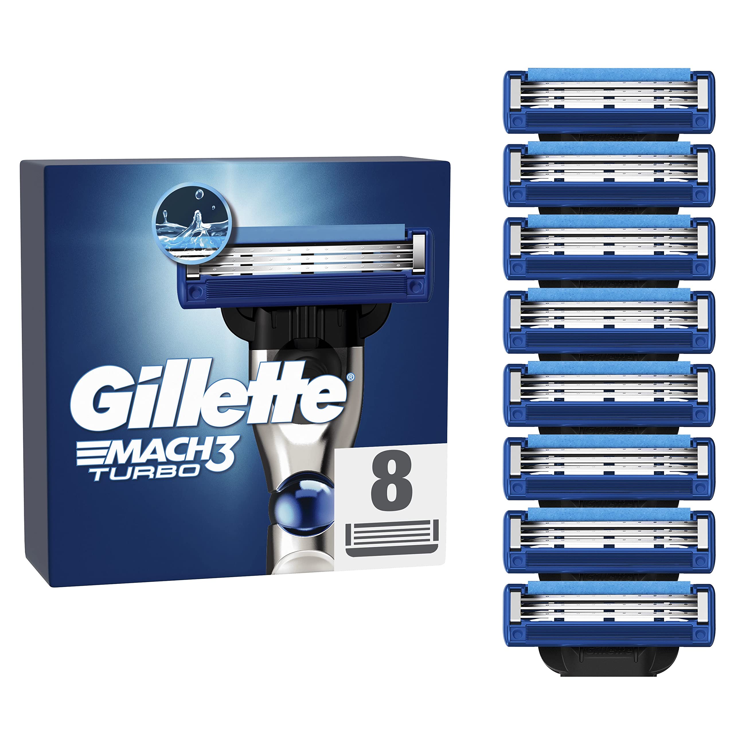 Gillette Mach3 Turbo Razor Blades Men, Pack of 8 Razor Blade Refills, Stronger Than Steel Blades, Enhanced Lubrastrip
