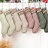Skicuff 8 Pack Pink Christmas Stockings Bulk 18 inch Farmhouse Rustic Xmas Cable Knit Fireplace Stockings with Wooden Tags for Family Holiday Mantel Decor