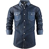 OCHENTA Denim Shirt Men - Men's Denim Casual Chambray Button Down Shirts Long Sleeve Lightweight 2 Dark Blue L