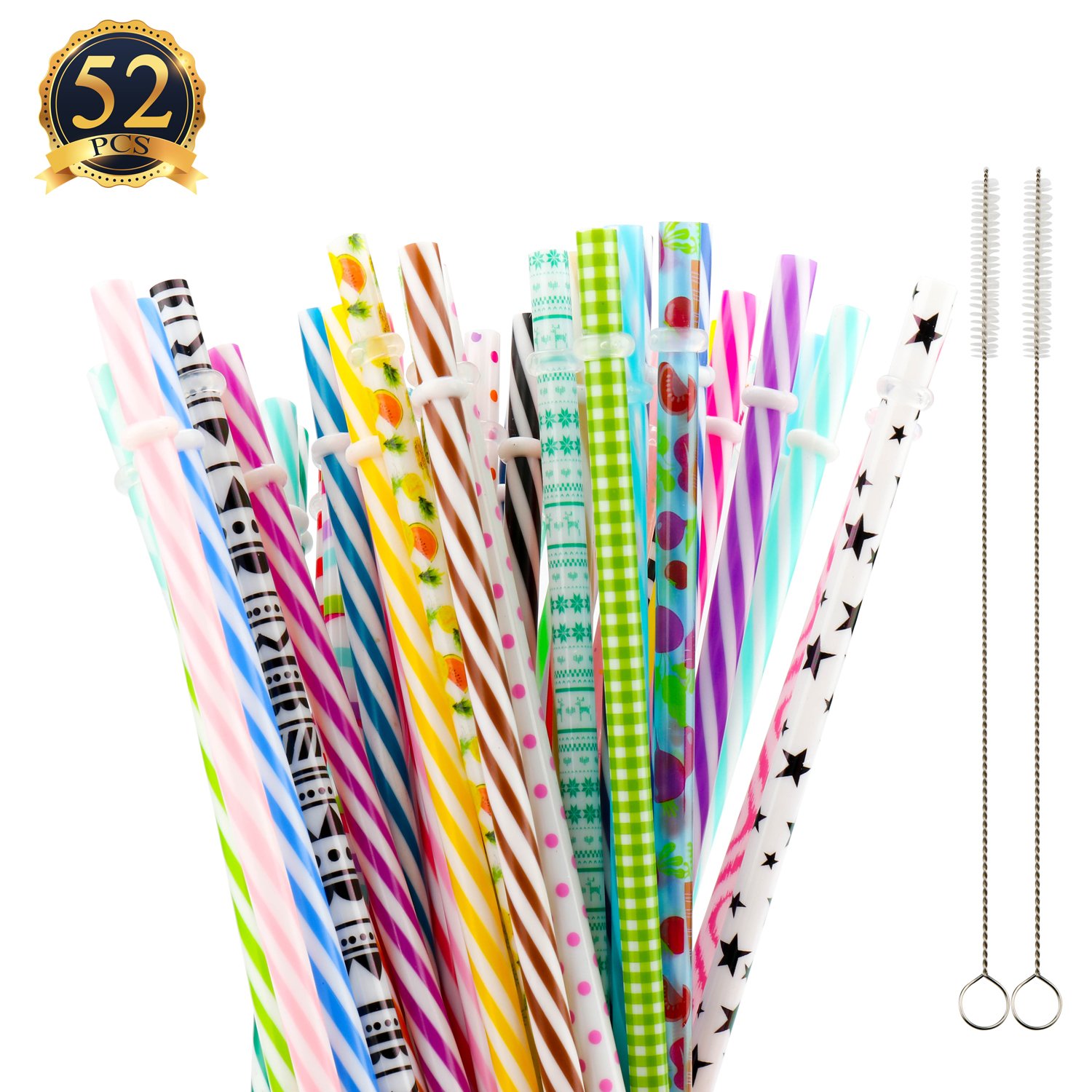 SUBANG 50 Pack Reusable Straws, BPA-Free, 9" Colorful Hard Plastic Stripe Drinking Straw for Mason Jar Tumbler, Family or Party Use With Cleaning Brush
