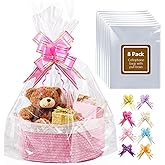 Boensi 8 Pack Extra Large Cellophane Bags with Pull Bows,24x30 inches Clear Hampers Bags for Gift Baskets,Halloween, Easter, Christmas Fruit Basket and Gift Packaging