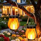 Gen2 Solar Lanterns Outdoor Waterproof, 2Pack Flickering Flame Light Hanging Solar Outdoor Lights with Dual Charging (USB/Solar) &amp; 2 Modes for Desk Yard Patio Path Tree Garden Camping Decoration