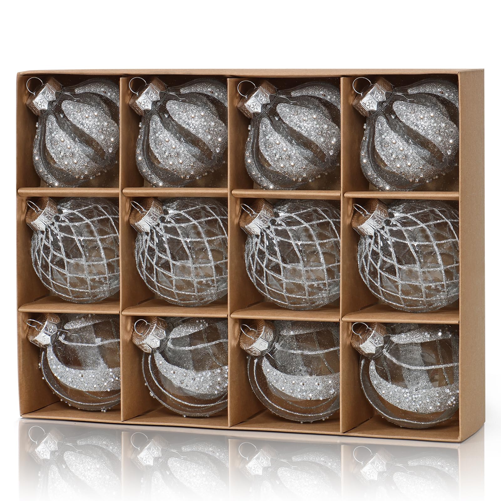 DEMIUKO 80mm Silver Christmas Baubles 12PCS Xmas Balls Set Large Clear Glitter Baubles Christmas Tree Decorations Shatterproof Acrylic Balls Hanging Ornaments for Xmas Gift Holiday Party Wedding Home
