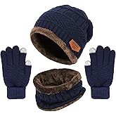 Winter Knit Beanie Hat Neck Warmer Gloves Set, Fleece Lined Skull Cap Infinity Scarves Touch Screen Mittens for Men Women