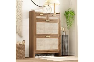WINWY Shoe Organizer Cabinet Storage for Entryway - Slim Rattan Shoe Rack for Front Door Entrance, Narrow Hidden Shoe Cabinet with Flip Drawers, Boho Shoe Holder Cabinet，Two Doors, Oak