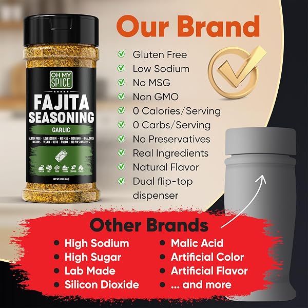 FAJITA SEASONING MIX GARLIC POWDER SEASONING – GLUTEN FREE & LOW SODIUM MEXICAN SEASONINGS BLEND FOR MEAT, VEGETABLES, STEAK & CHICKEN FAJITA. GARLIC AND HERB FAJITAS SEASONINGS SPICE. TACO MIX. 4.7OZ