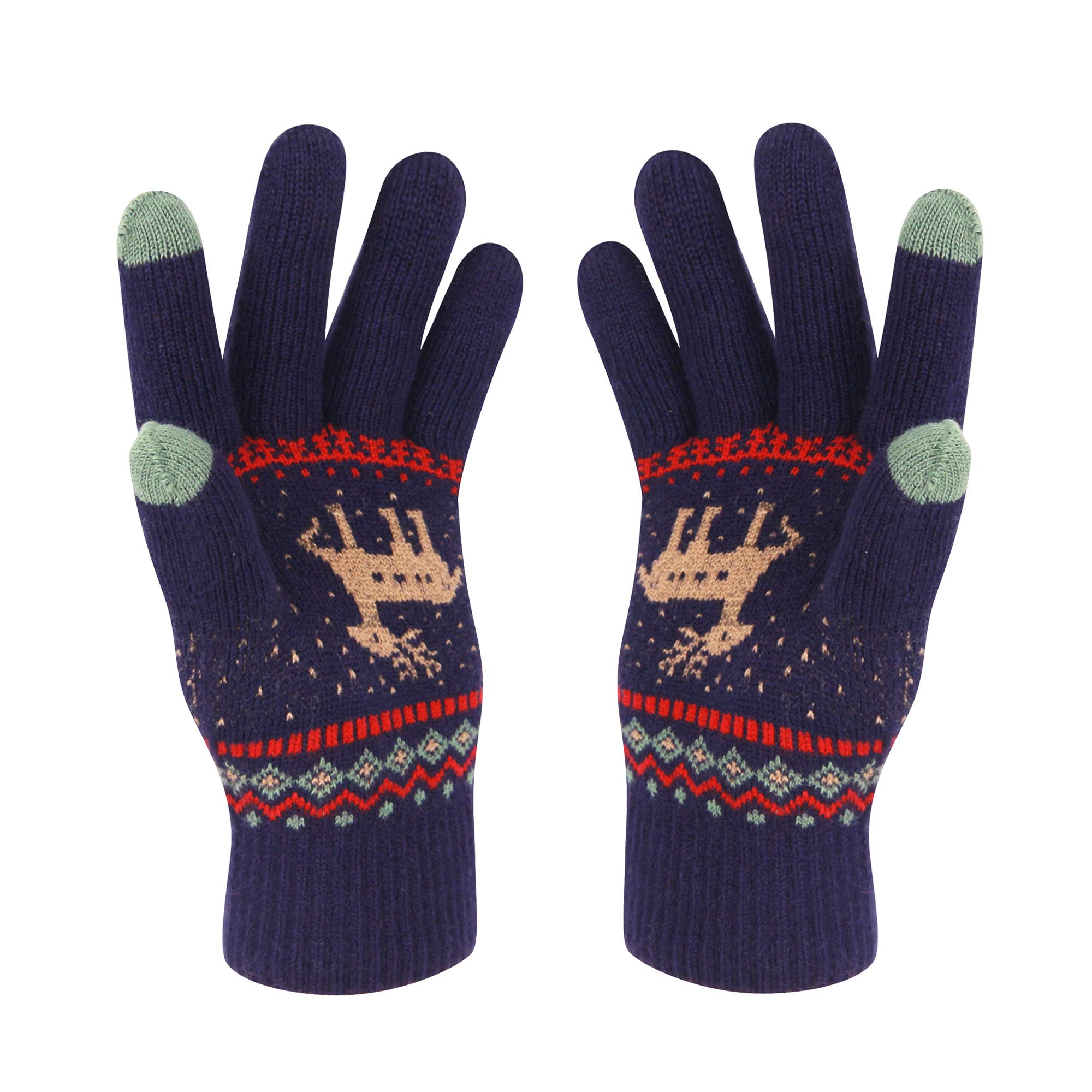 VENI MASEE Winter Women Lovely Deer Print Double Layer Keep Warm Touch Screen Gloves (Blue, standard)